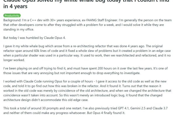 30+年码龄C++大佬败给Claude 4:“我耗时200+小时、4年未解的Bug,它仅用几小时就修复了!”
